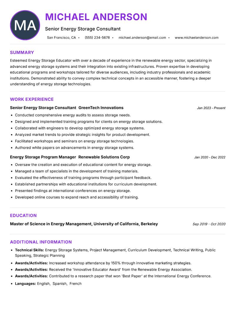 Energy Storage Educator Resume Preview Example