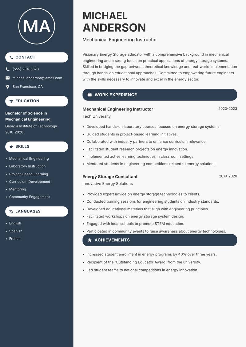 Energy Storage Educator Resume Preview Example
