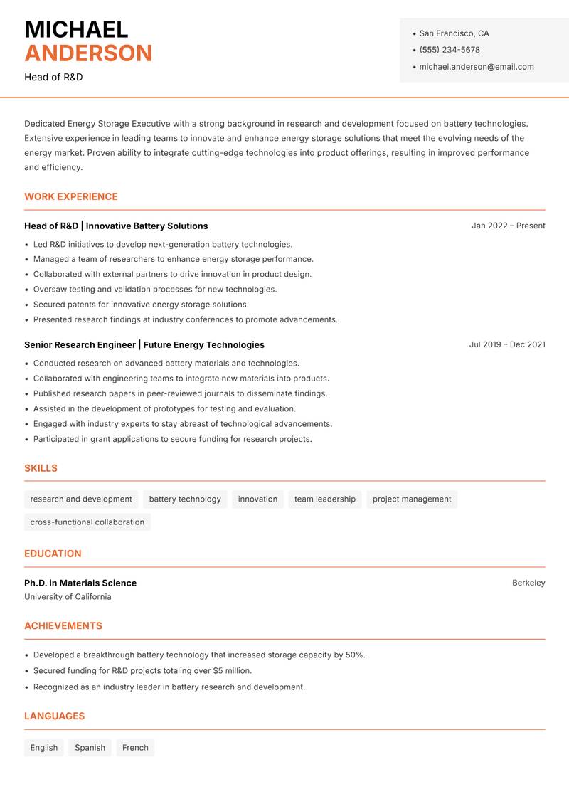 Energy Storage Executive Resume Template
