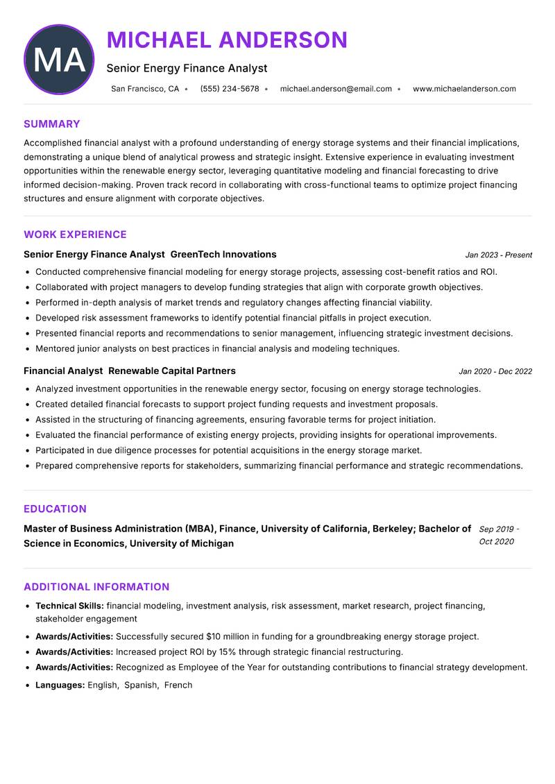 Energy Storage Finance Analyst Resume Preview Example