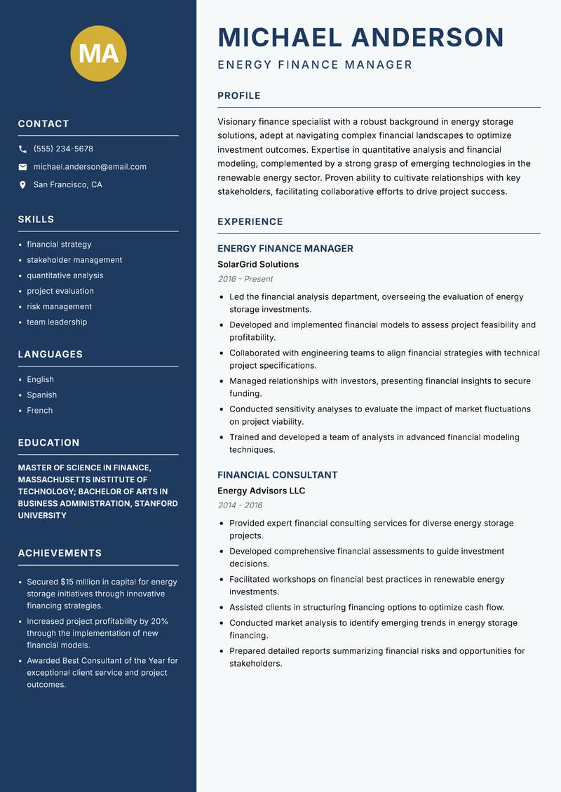 Energy Storage Finance Analyst Resume Preview Example