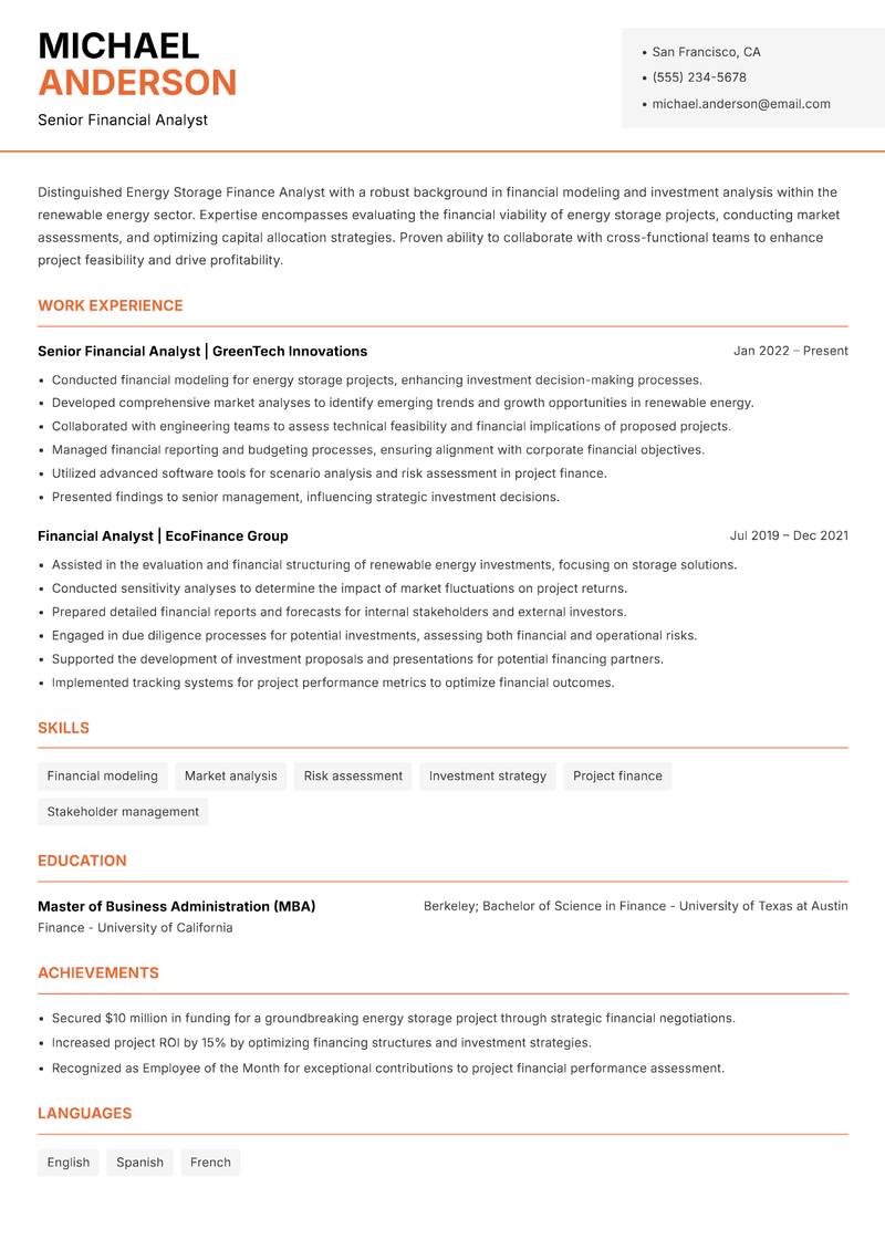 Energy Storage Finance Analyst Resume Template