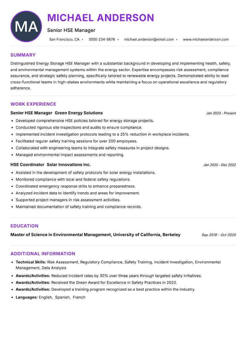 Energy Storage HSE Manager Resume Preview Example