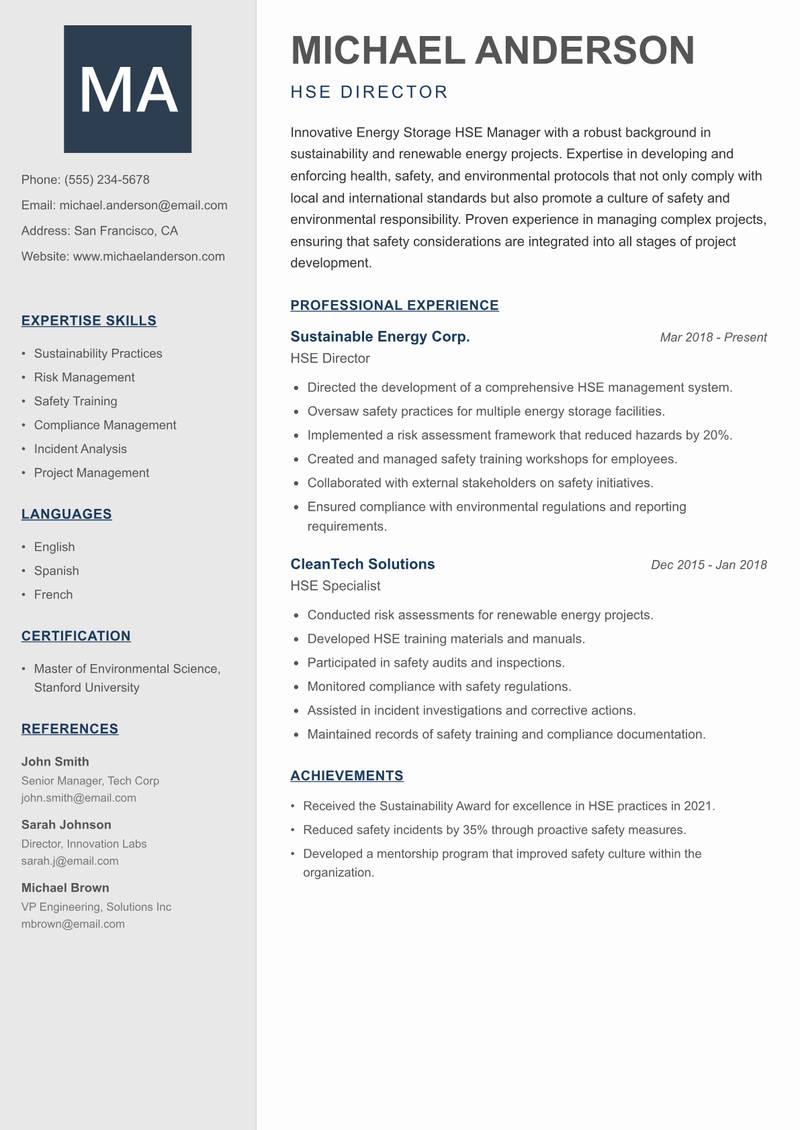 Energy Storage HSE Manager Resume Preview Example