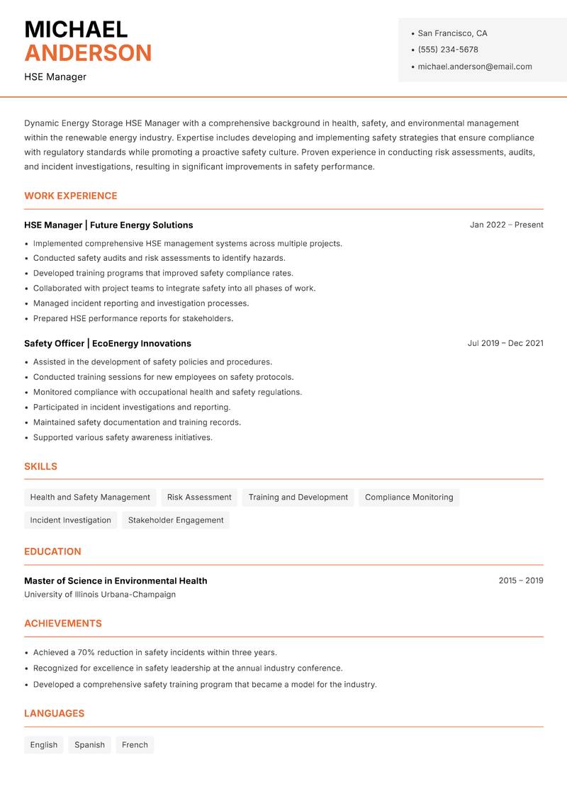 Energy Storage HSE Manager Resume Template