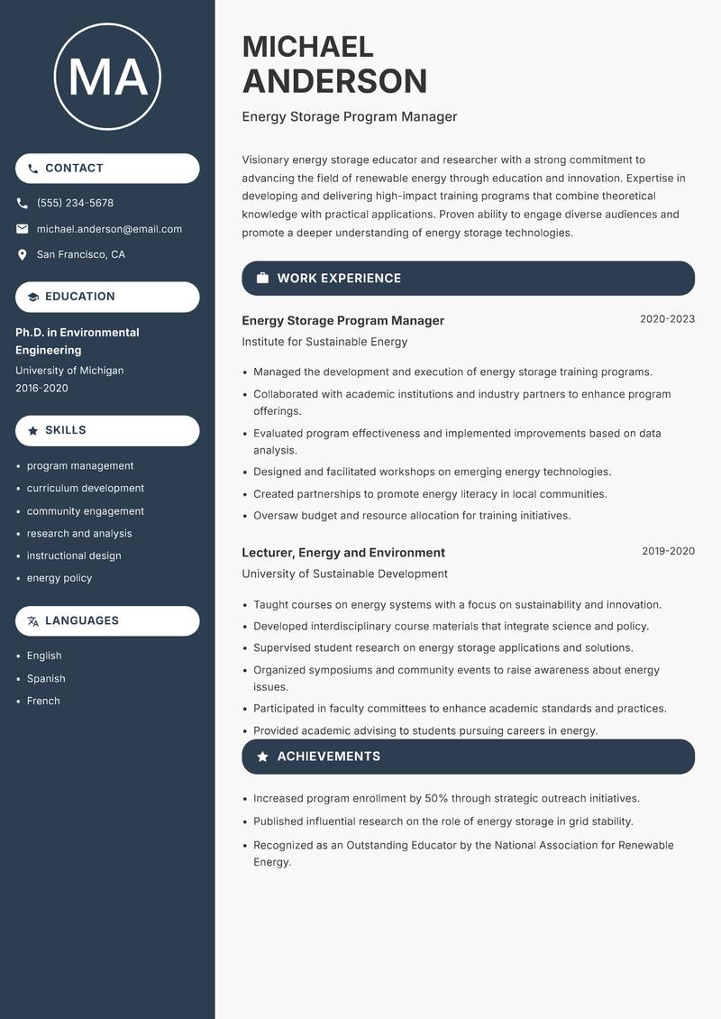 Energy Storage Instructor Resume Preview Example