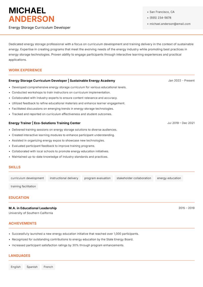 Energy Storage Instructor Resume Template
