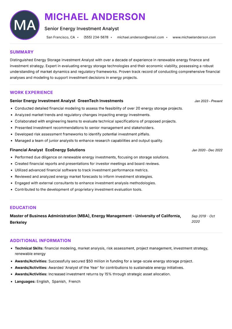 Energy Storage Investment Analyst Resume Preview Example