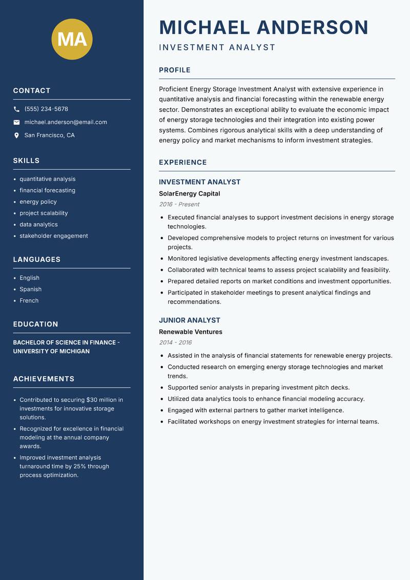 Energy Storage Investment Analyst Resume Preview Example