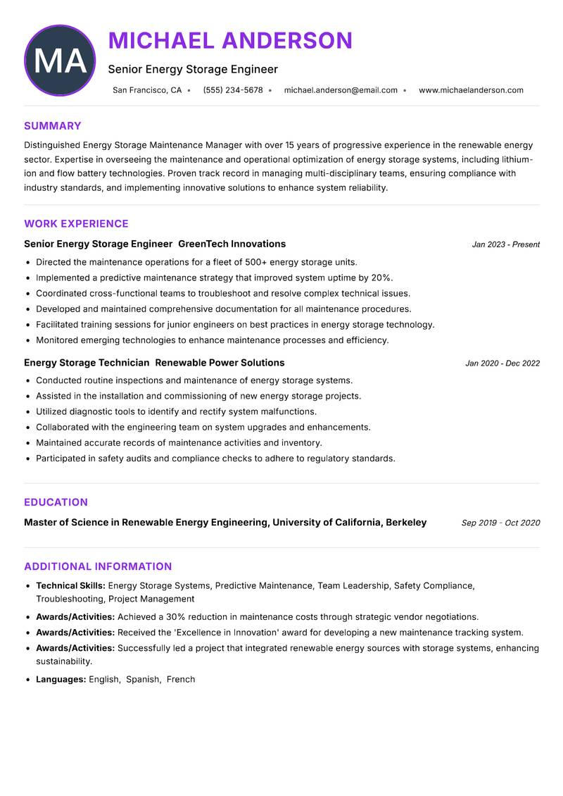 Energy Storage Maintenance Manager Resume Preview Example