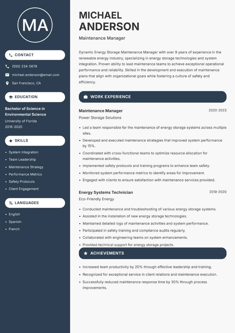 Energy Storage Maintenance Manager Resume Preview Example