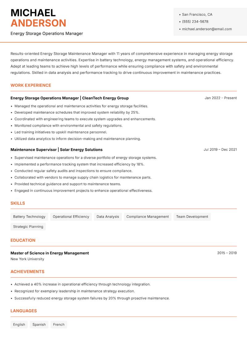 Energy Storage Maintenance Manager Resume Template