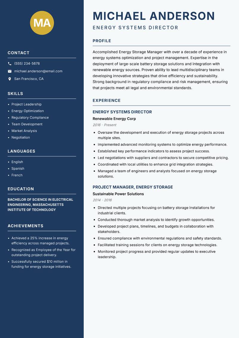Energy Storage Manager Resume Preview Example