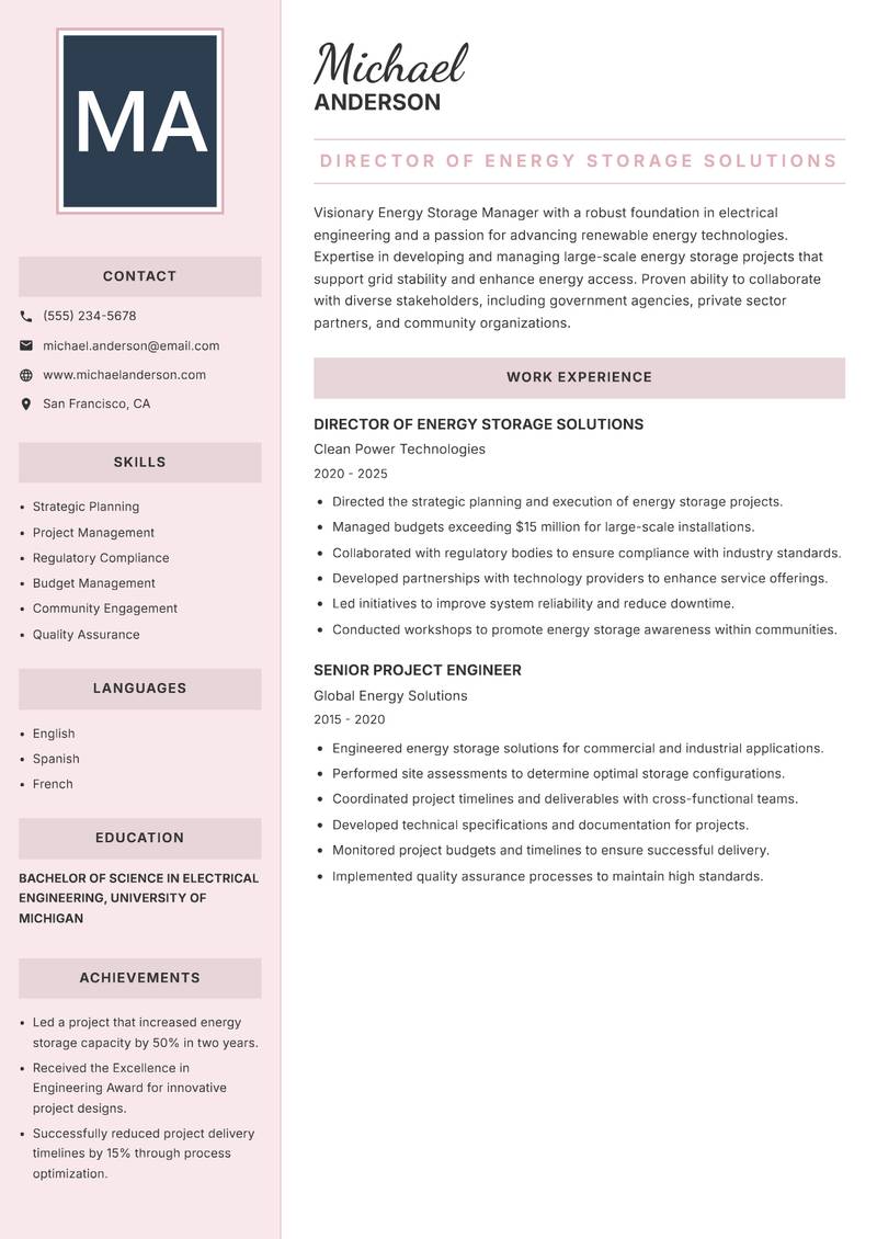 Energy Storage Manager Resume Preview Example