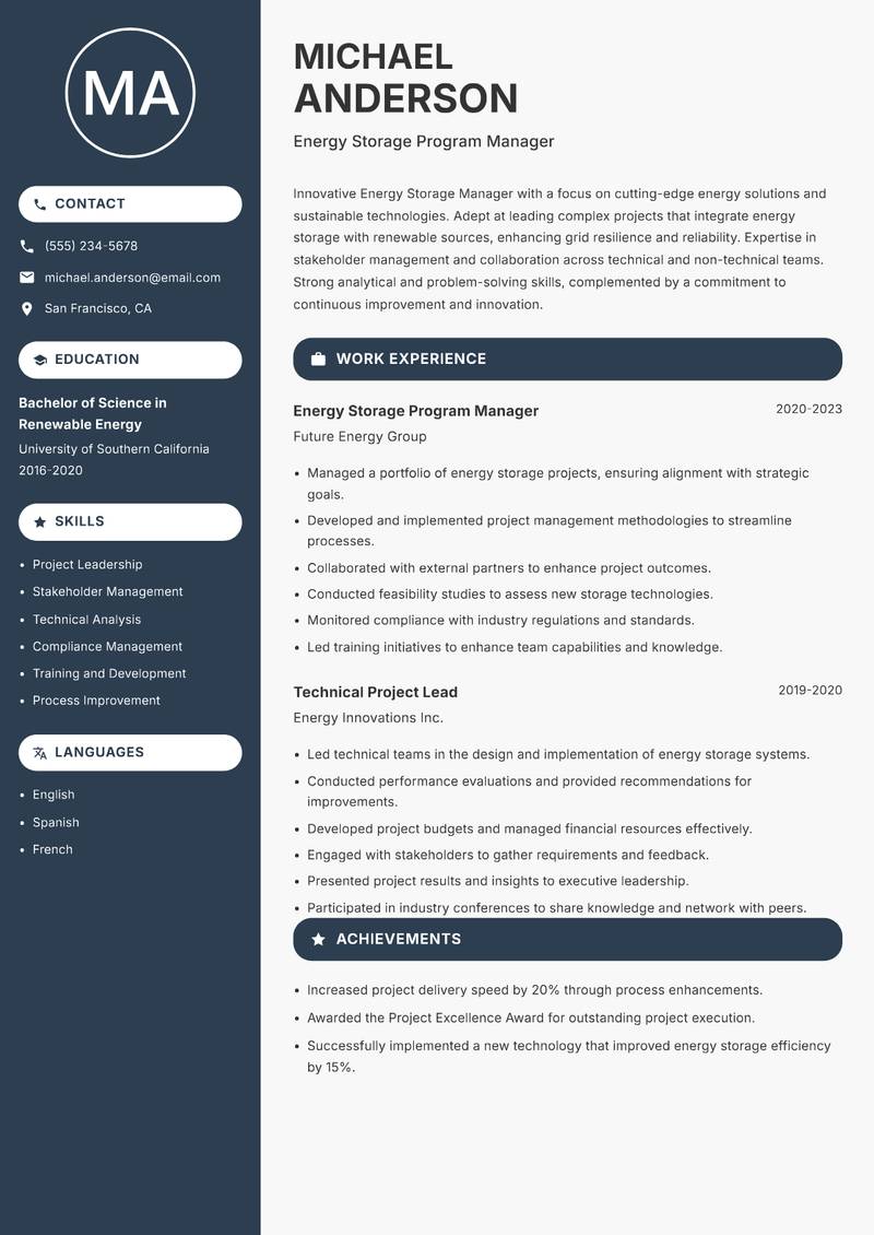 Energy Storage Manager Resume Preview Example
