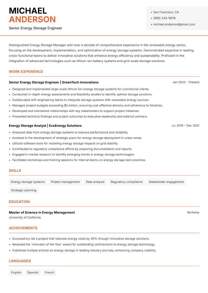 Energy Storage Manager Resume Template