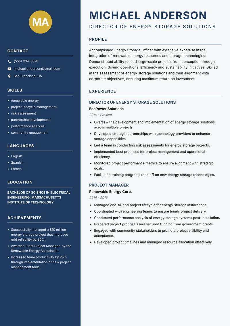 Energy Storage Officer Resume Preview Example