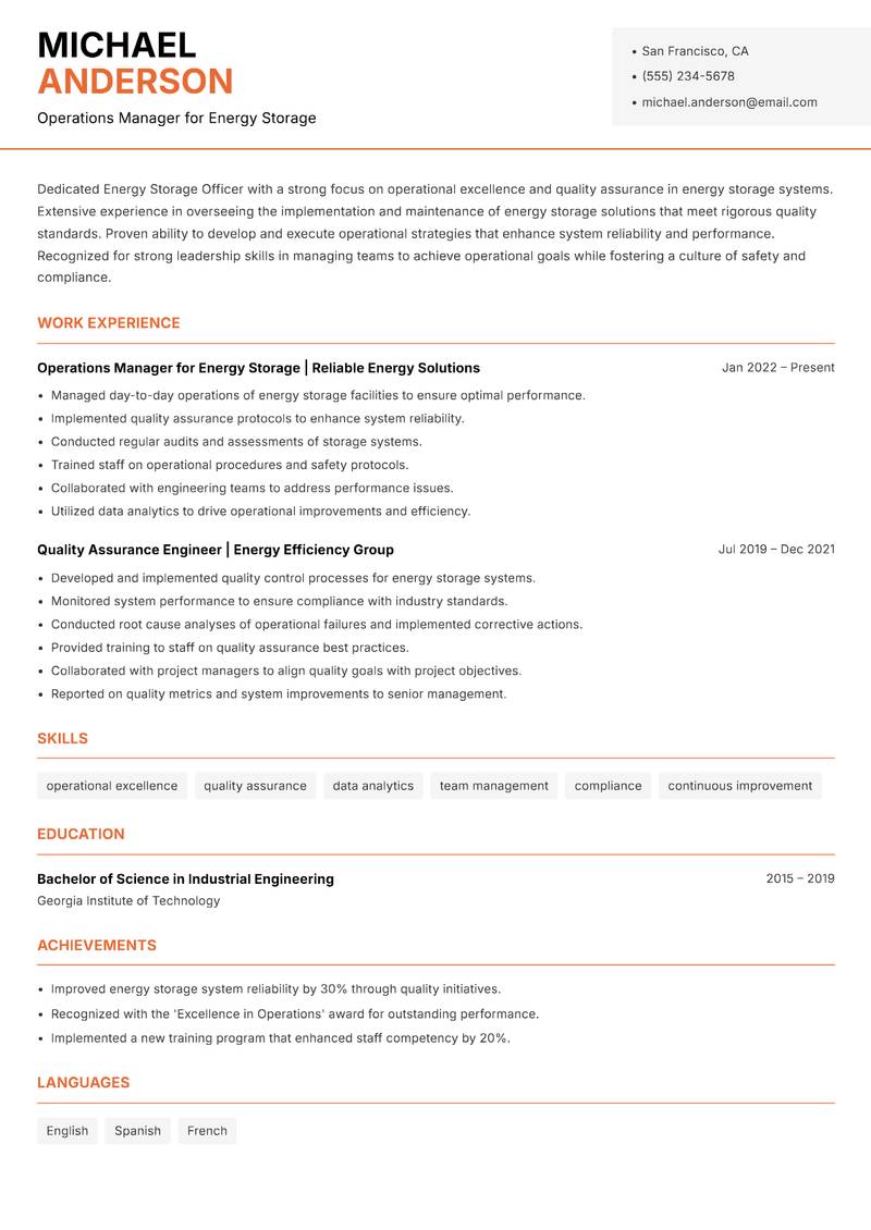 Energy Storage Officer Resume Template