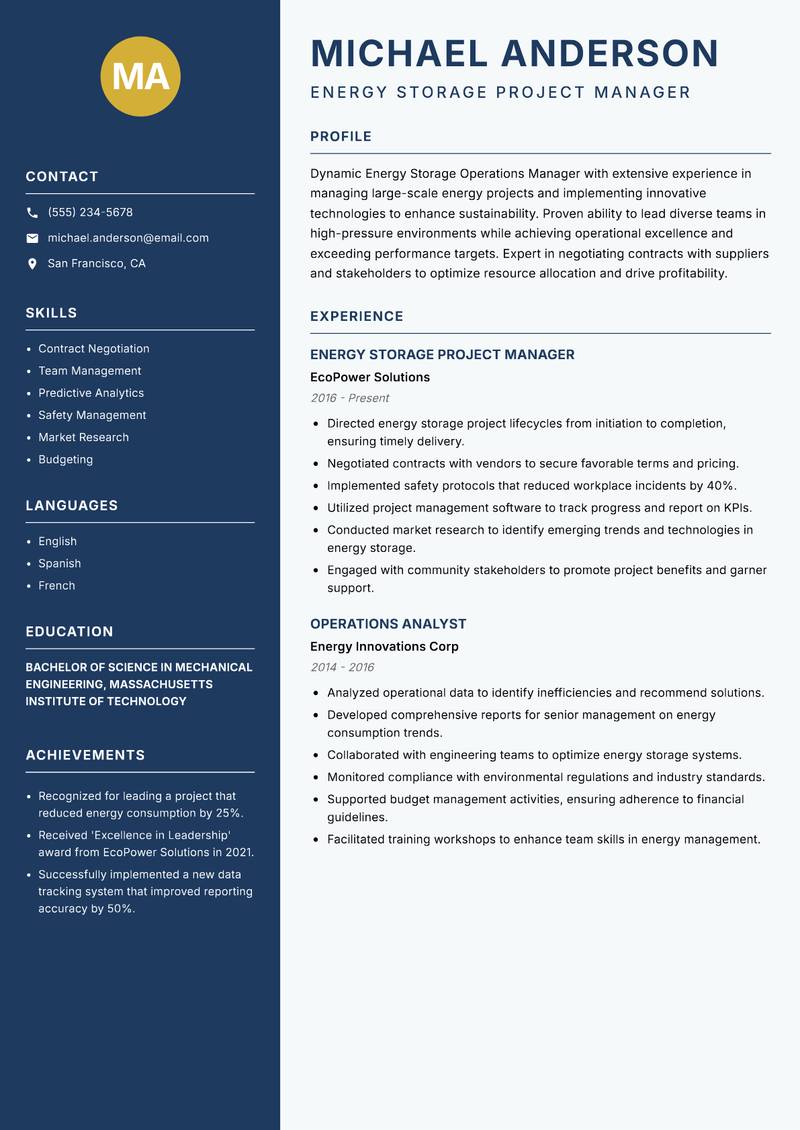 Energy Storage Operations Manager Resume Preview Example
