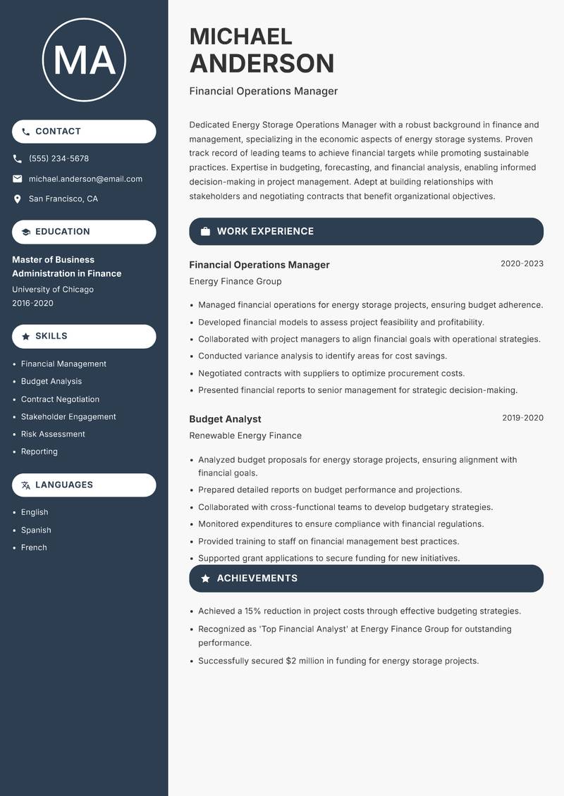 Energy Storage Operations Manager Resume Preview Example
