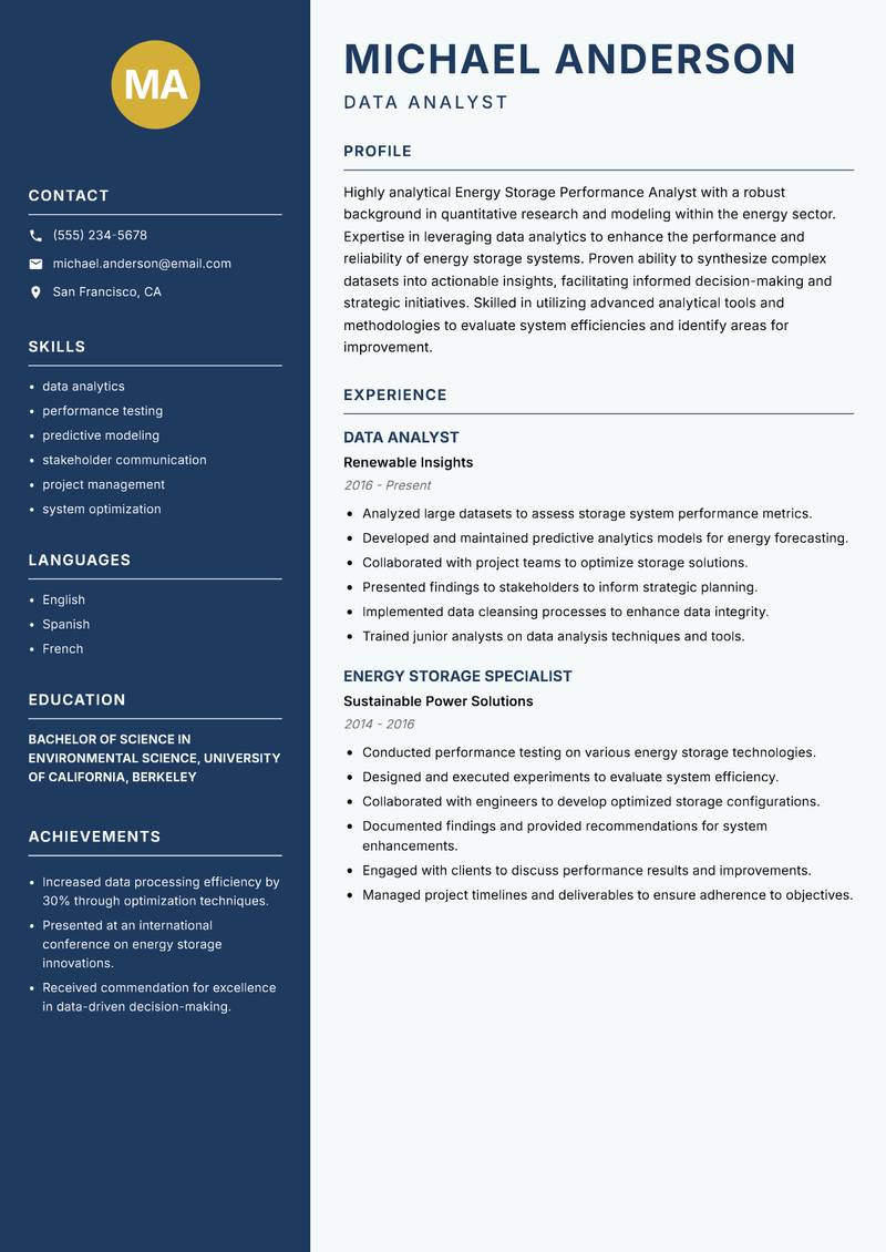 Energy Storage Performance Analyst Resume Preview Example