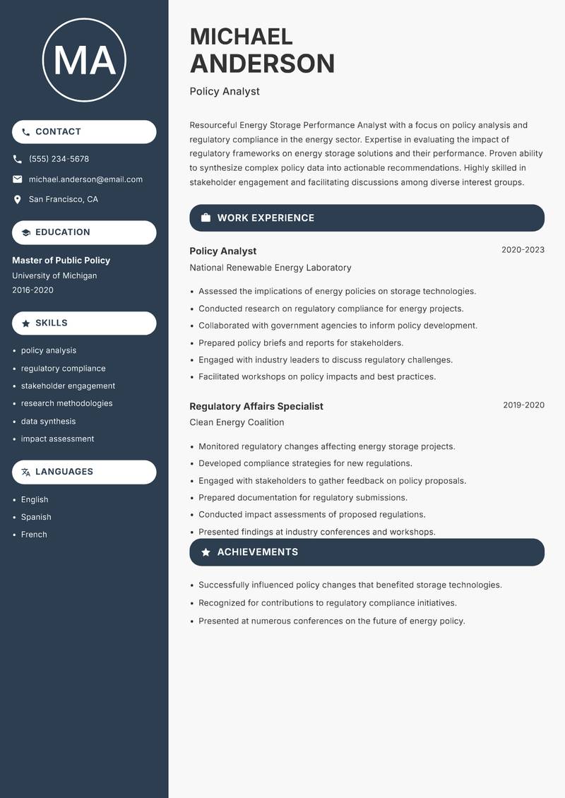 Energy Storage Performance Analyst Resume Preview Example