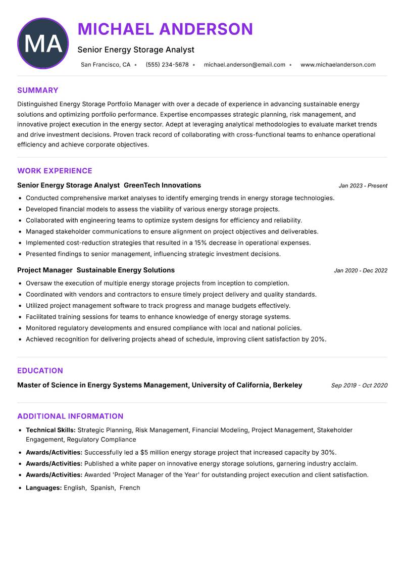 Energy Storage Portfolio Manager Resume Preview Example
