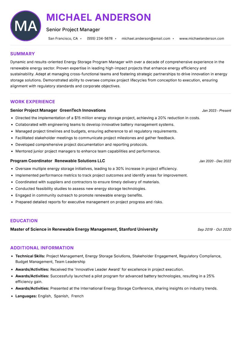 Energy Storage Program Manager Resume Preview Example