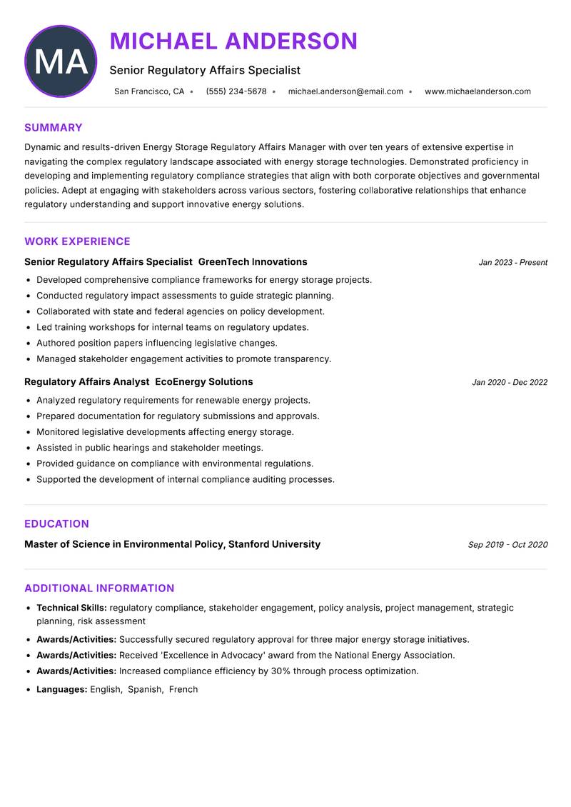 Energy Storage Regulatory Affairs Manager Resume Preview Example