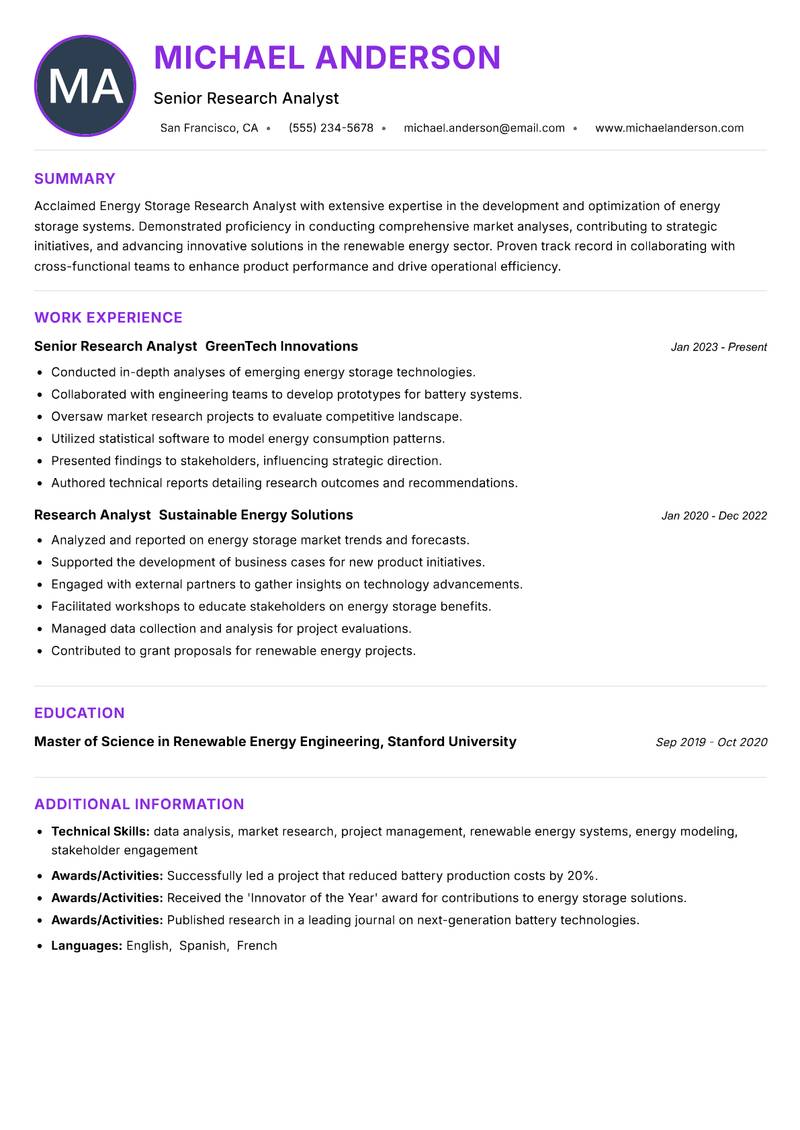 Energy Storage Research Analyst Resume Preview Example