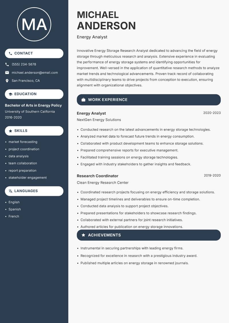 Energy Storage Research Analyst Resume Preview Example