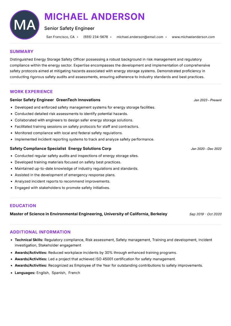 Energy Storage Safety Officer Resume Preview Example