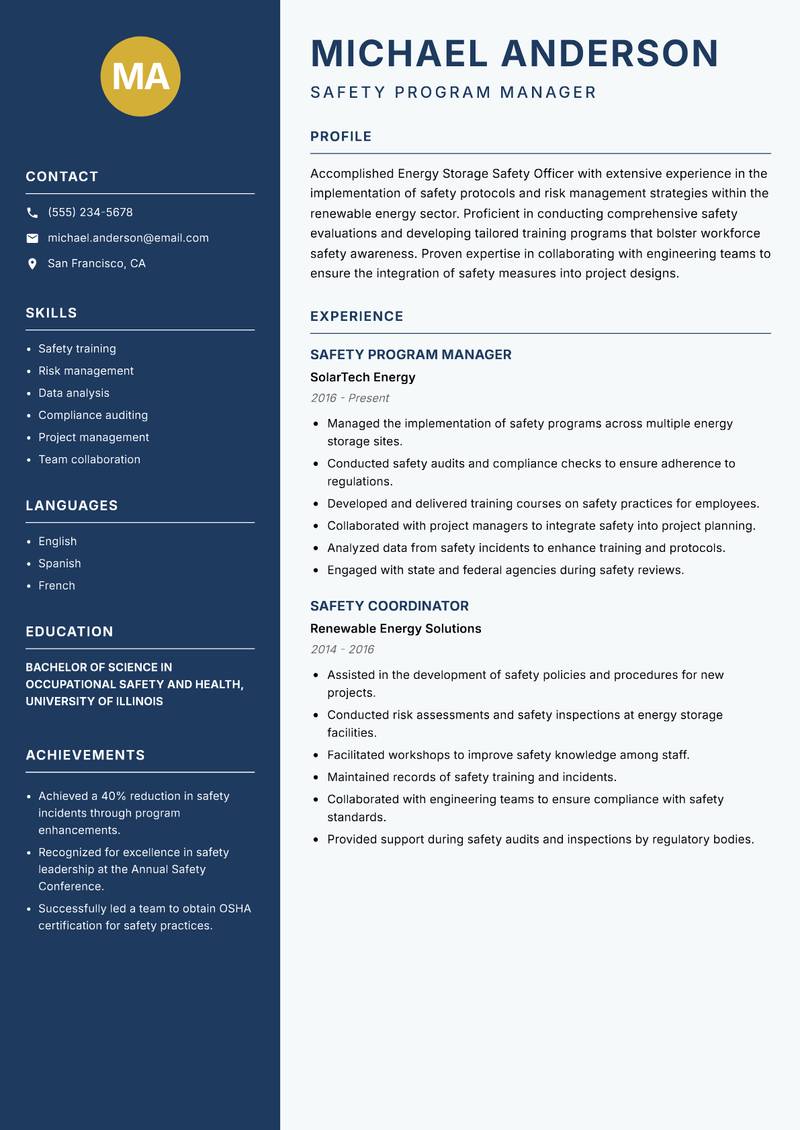 Energy Storage Safety Officer Resume Preview Example