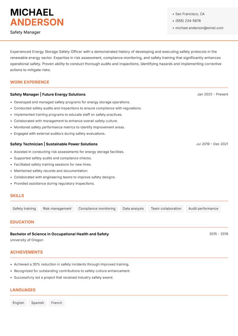 Energy Storage Safety Officer Resume Template