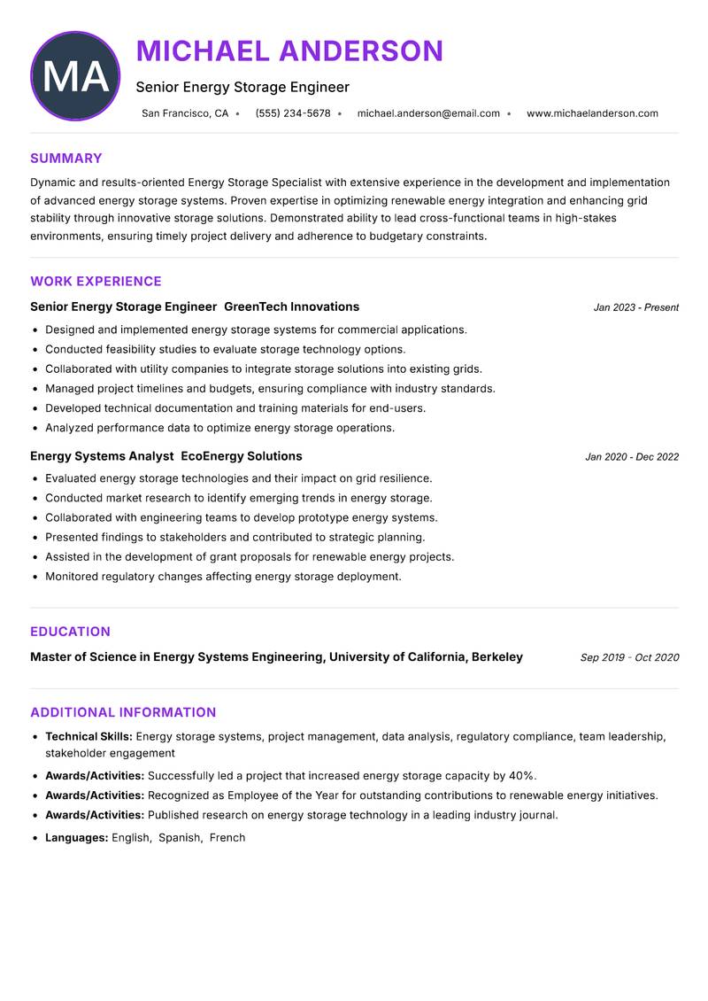 Energy Storage Specialist Resume Preview Example