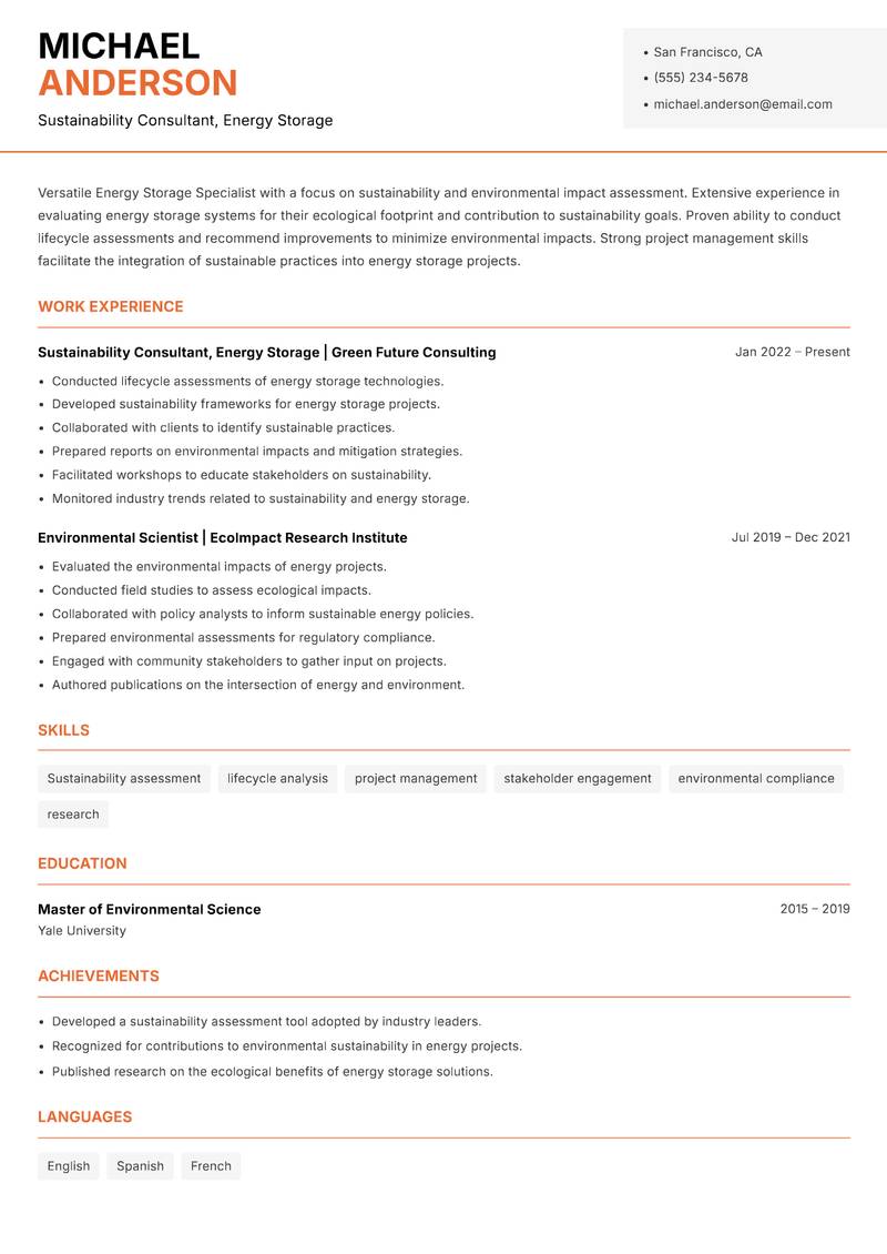 Energy Storage Specialist Resume Template