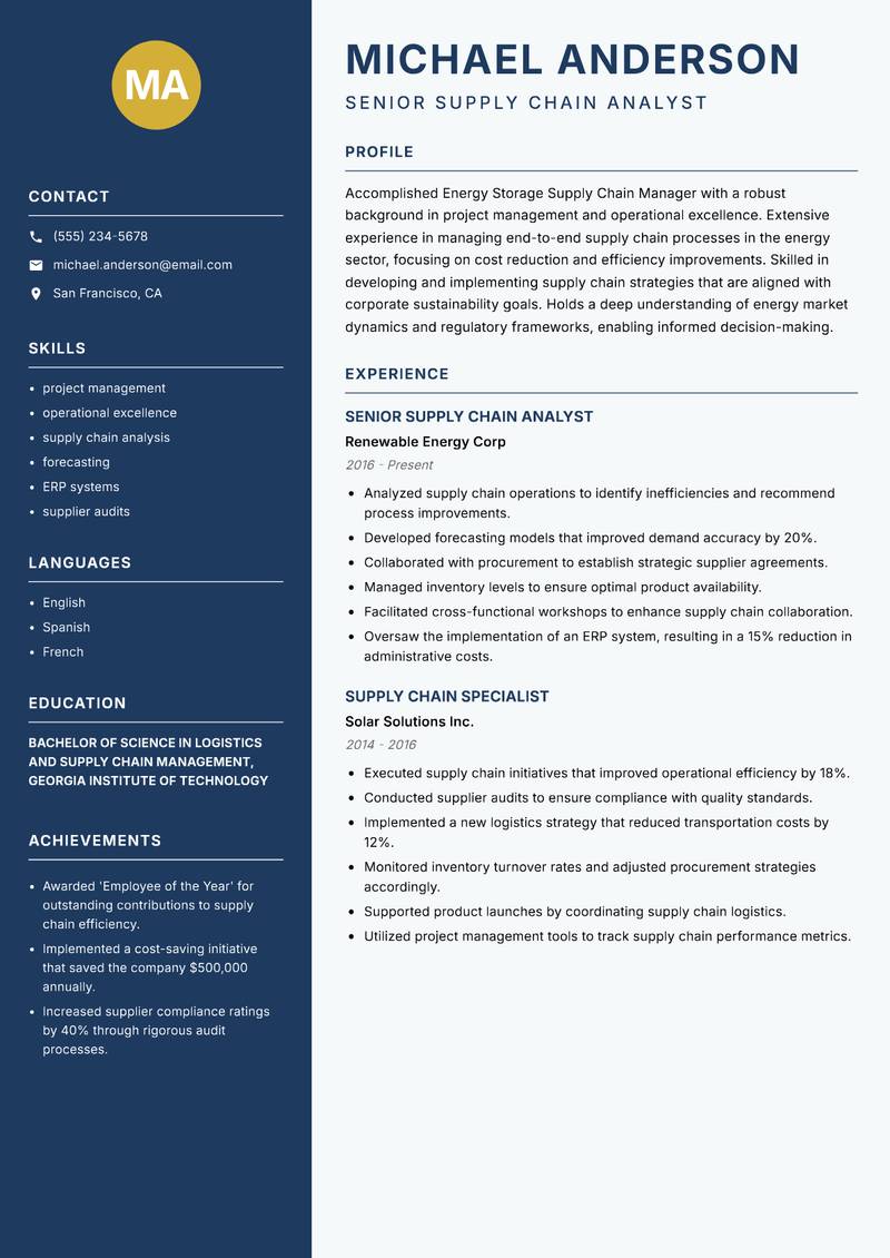 Energy Storage Supply Chain Manager Resume Preview Example
