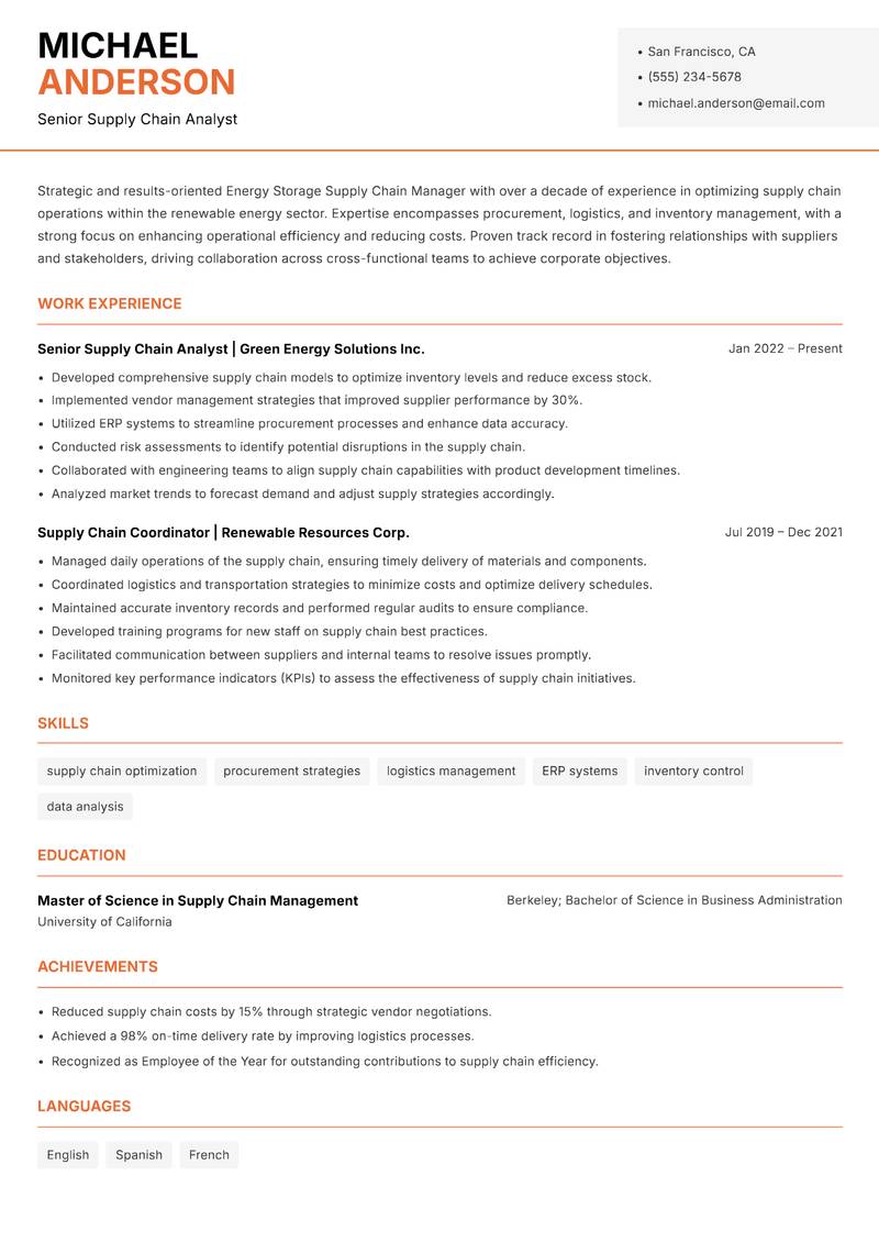 Energy Storage Supply Chain Manager Resume Template