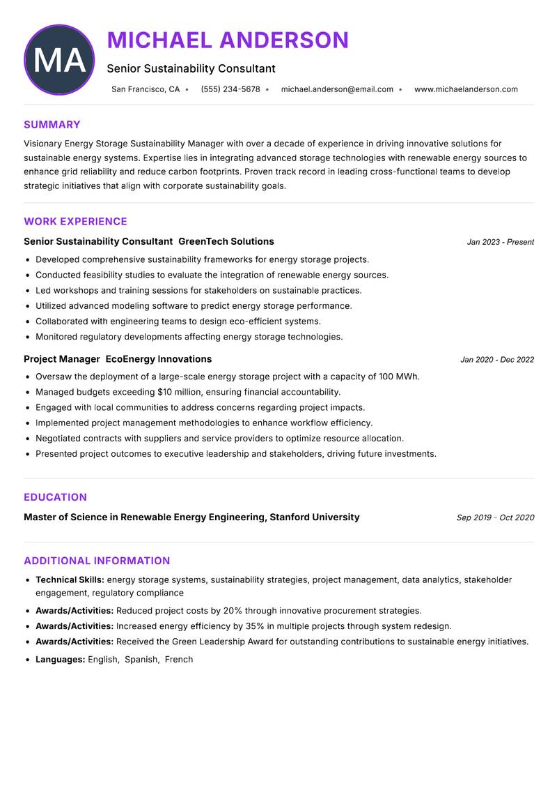 Energy Storage Sustainability Manager Resume Preview Example
