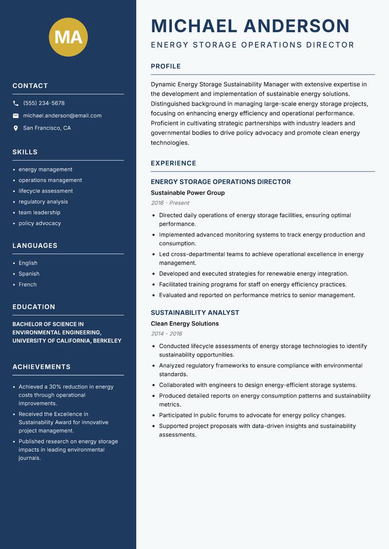 Energy Storage Sustainability Manager Resume Preview Example