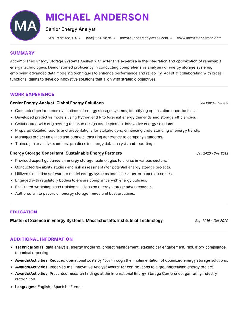 Energy Storage Systems Analyst Resume Preview Example