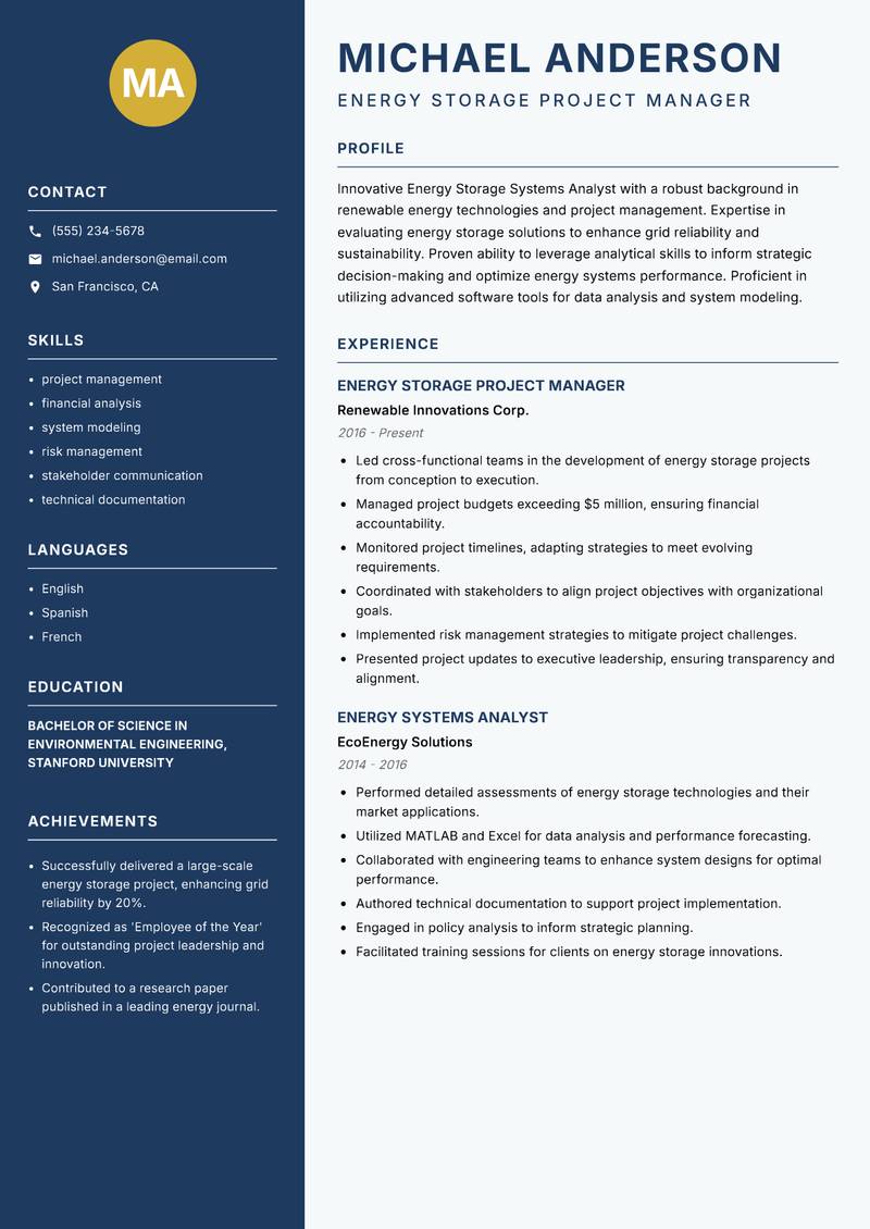 Energy Storage Systems Analyst Resume Preview Example
