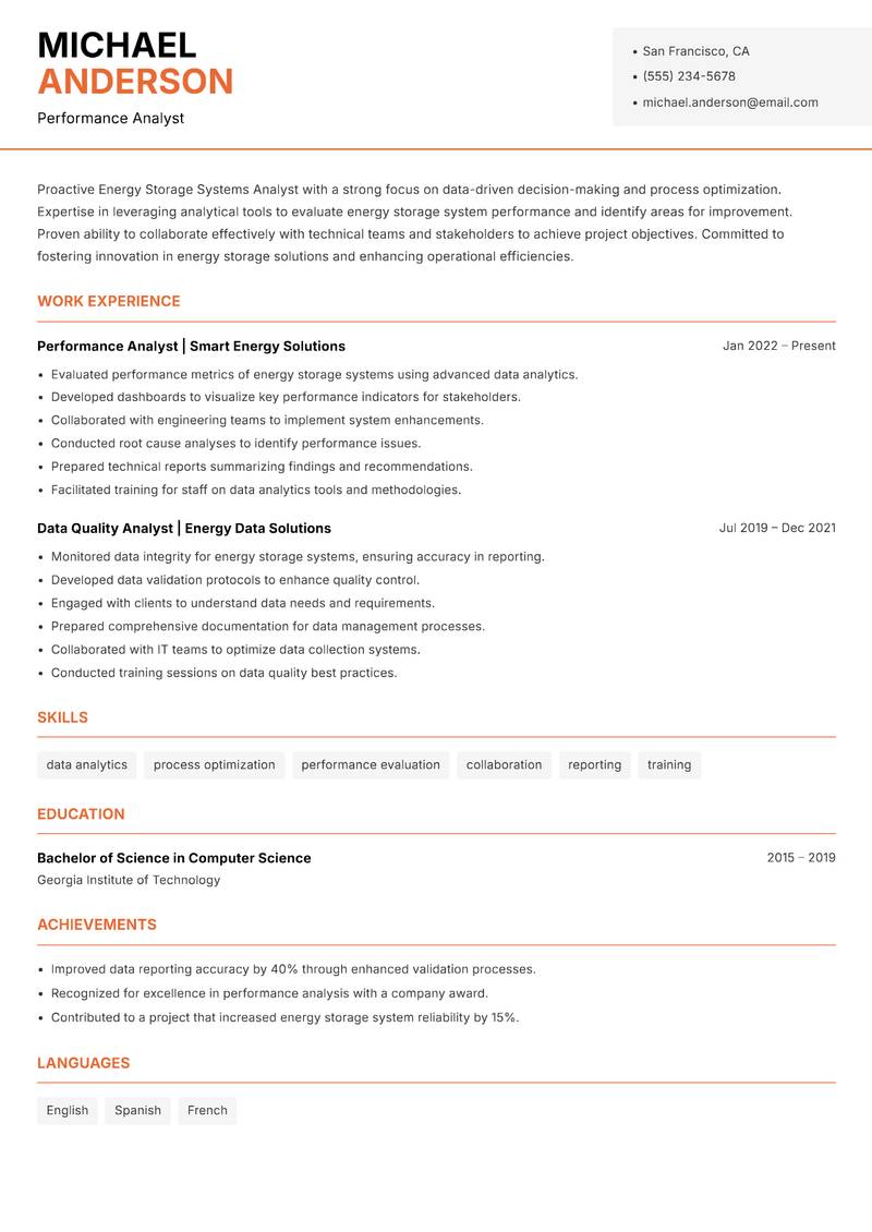 Energy Storage Systems Analyst Resume Template