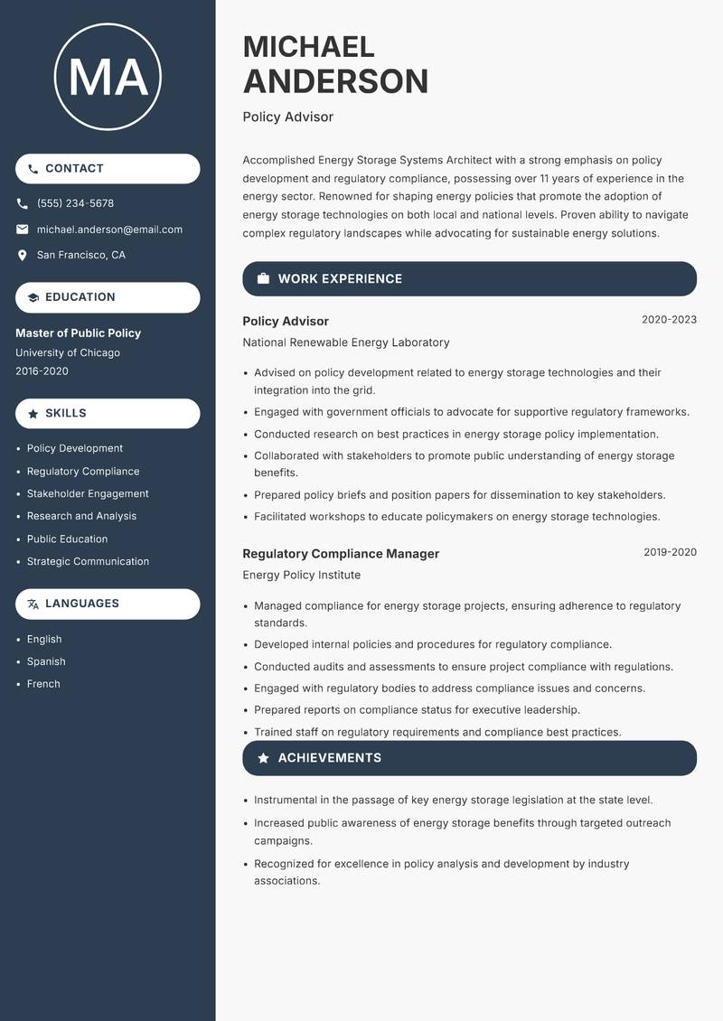 Energy Storage Systems Architect Resume Preview Example