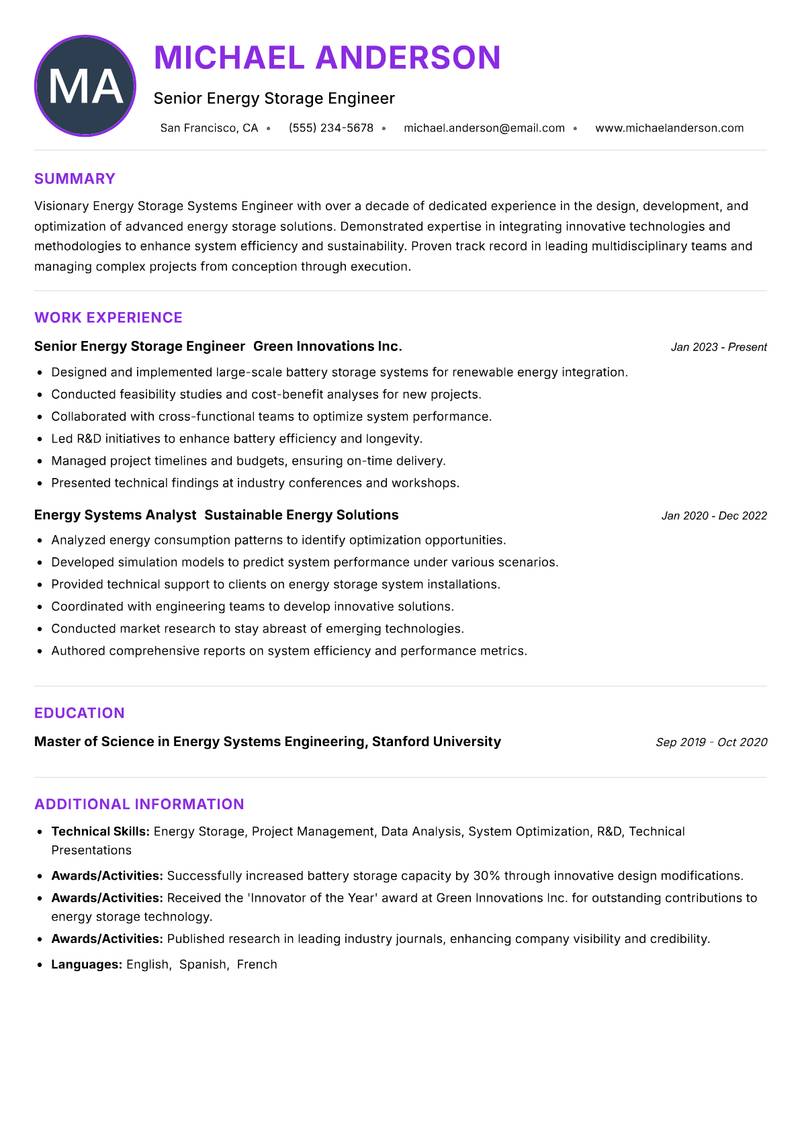Energy Storage Systems Engineer Resume Preview Example