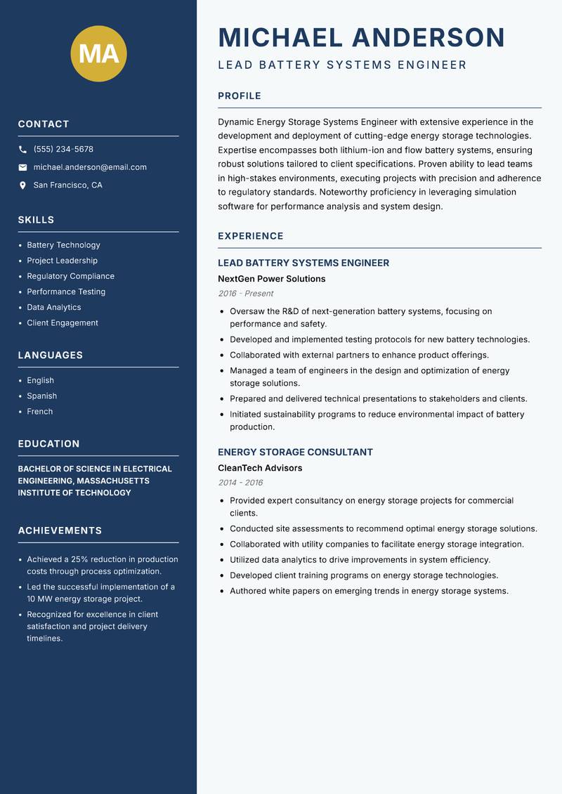 Energy Storage Systems Engineer Resume Preview Example