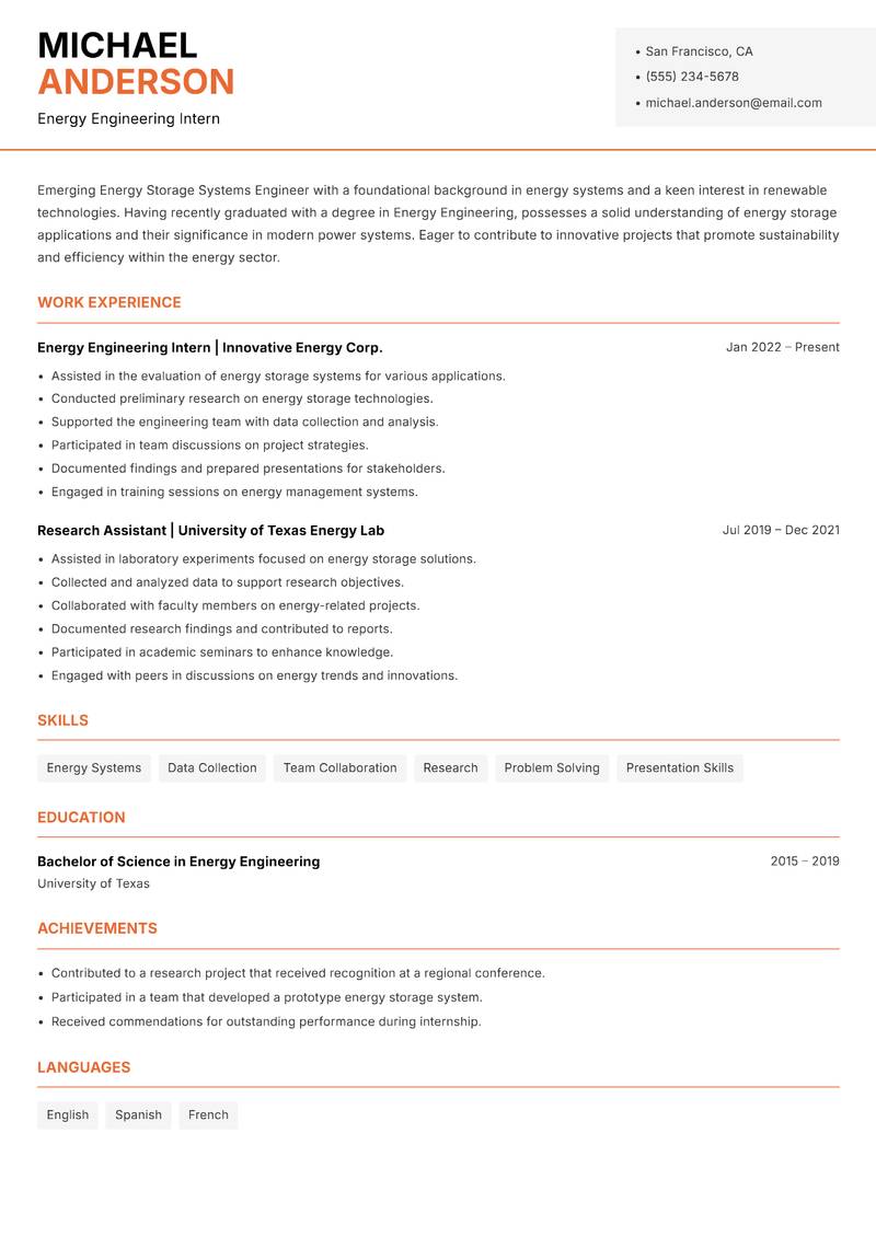 Energy Storage Systems Engineer Resume Template
