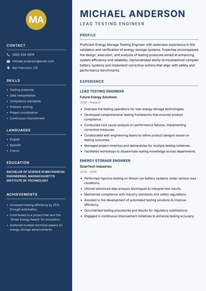 Energy Storage Testing Engineer Resume Preview Example