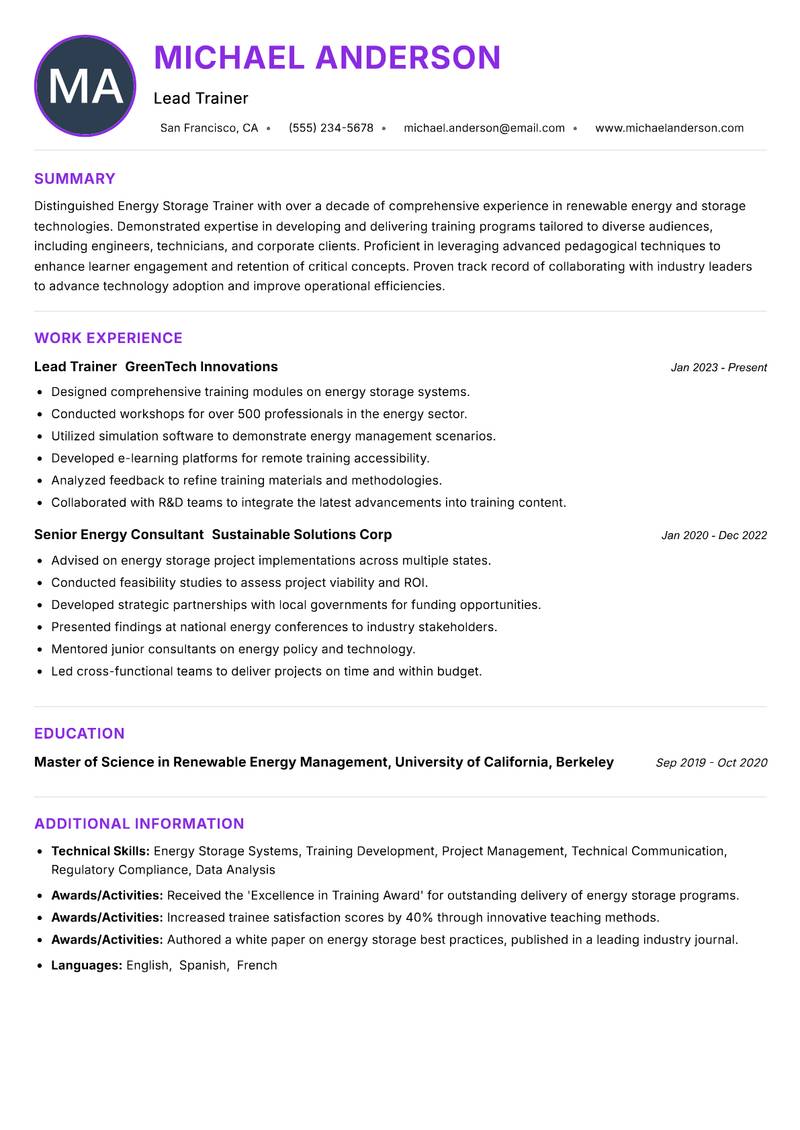 Energy Storage Trainer Resume Preview Example