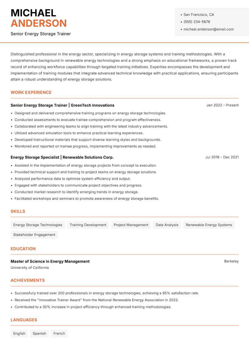 Energy Storage Trainer Resume Template